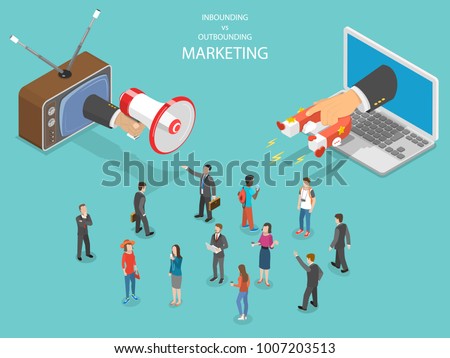 Inbound vs outbound marketing isometric vector. Hand with megaphone and another one with magnet are trying to capture the attention of the crowd of people.