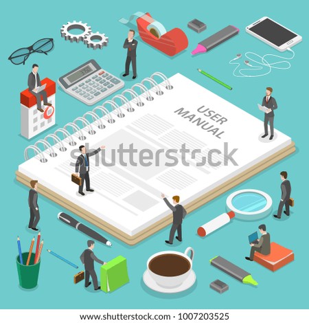 User manual flat isometric vector concept. People, surrounded with some office stuff, are discussing a content of the guide book.