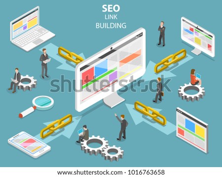 SEO link building flat isometric vector concept. Concept of SEO and digital marketing.