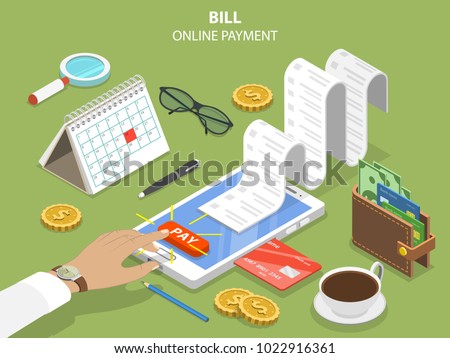 Bills online payment flat isometric vector concept of mobile payment, shoping, banking.