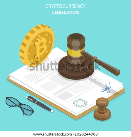 Cryptocurrency legislation flat isometric vector concept. Signed document with bitcoin and gavel on it.