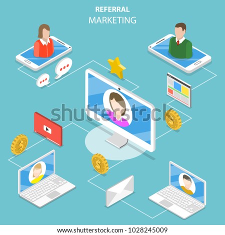 Flat isometric vector concept of network and affiliate marketing, referral program strategy, business partnership.