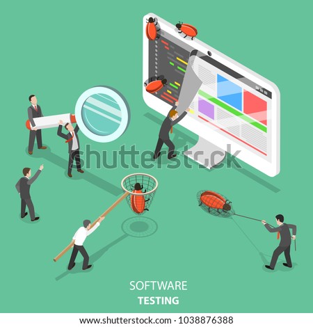Software testing flat isometric vector concept. People are taking off the web page that looks like paper sheet to search and catch software bugs.