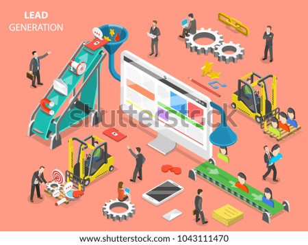 Lead generation flat isometric vector concept. People are loading digital marketing attributes into a funnel from one side and getting a new leads from other side.