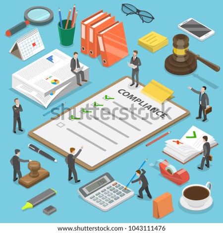 Regulatory compliance flat isometric vector concept. Businessmen are discussing steps to comply with relevant laws, policies, and regulations.