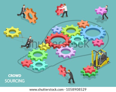 Crowdsourcing flat isometric vector concept. Team of people are filling the light bulb outline with gears of different sizes and colors, symbolizing their contribution into common solution.