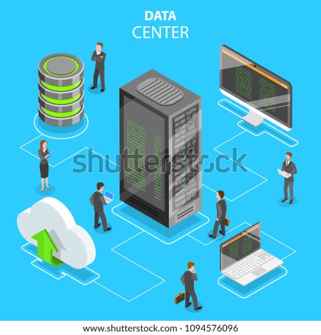 Flat isometric vector concept of data center, cloud storage, secure server database, hosting, file service.