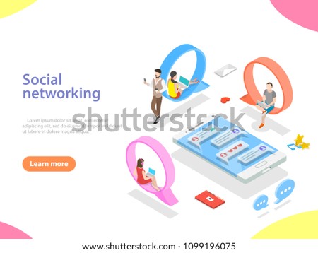 Flat isometric vector concept of social media network, digital communication, chatting.