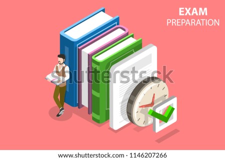 Flat isometric vector concept of exam preparation, school test, examination, checklist, education.