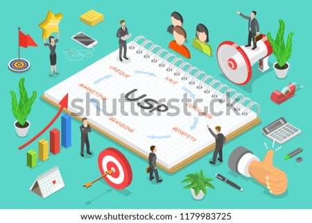 USP - unique selling proposition isometric flat vector concept.