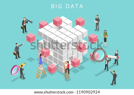 Flat isometric vector concept of big data analysis, database research, advanced analytics.