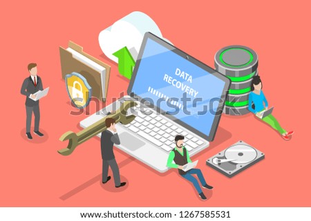 Isometric flat vector concept of data recovery services, data backup and protection, hardware repair.