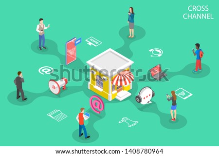 Isometric flat vector concept of cross channel, omnichannel, several communication channels between seller and customer, digital marketing, online shopping.