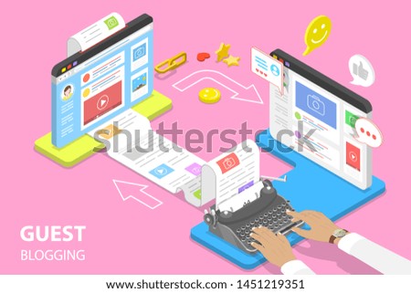 Isometric flat vector concept of guest blogging, commercial blog posting and copywriting, content marketing strategy.