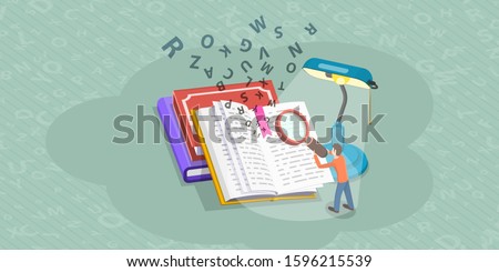 Isometric Flat Vector Concept of Literature Reading, Language Learning, Searching Through Dictionary, Vocabulary Development.