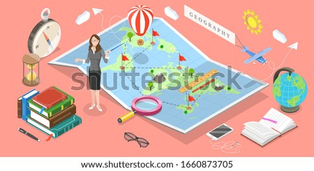 Isometric Vector Concept of Geography Science. The Teacher is Standing Next to the Map Pointing Out to one of Its Objects.