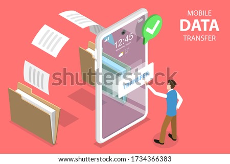 3D Isometric Flat Vector Concept of Document Transfering Service, Phone Data Exchange, Online Synchronization App.