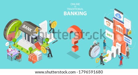 3D Isometric Flat Vector Conceptual Illustration of Online vs Traditional Banking, Pros and Cons.