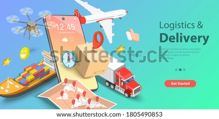 3D Isometric Flat Vector Conceptual Illustration of Smart Logistics and Transportation, Mobile App for Delivery Tracking, Cargo Fast Delivery.