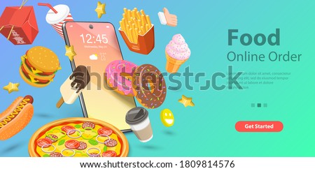 3D Isometric Flat Vector Conceptual Illustration of Food Mobile Booking, Restaurant and Cafe Food Online Ordering App, Fast Free Delivery.