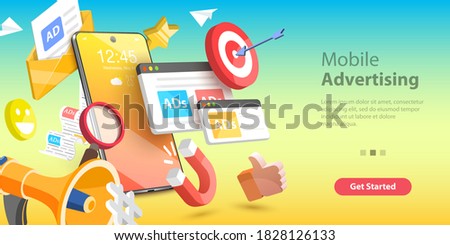 3D Vector Conceptual Illustration of Mobile Advertising, Social Media Campaign, Digital Marketing.