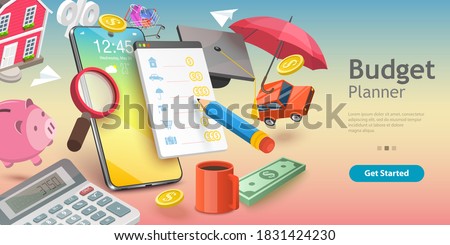 3D Vector Conceptual Illustration of Family Budget Management, Mobile App for Financial Calculations and Planning.