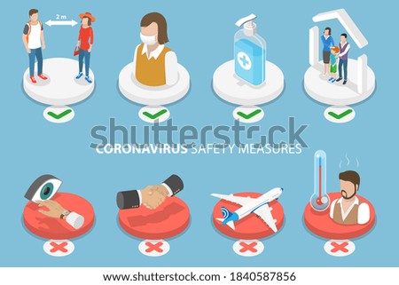 3D Isometric Flat Vector Conceptual Illustration of Covid 19 Safety Measures, Wear Medical Mask, Wash Hands, Check Temperature, Stay Home, Support 2 meter distance, not Touch Your Face, Stop Treveling