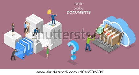 3D Isometric Flat Vector Conceptual Illustration of Paper VS Digital Documents, Pros and Cons.