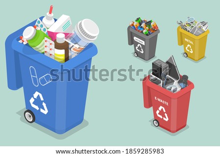 3D Isometric Flat Vector Concept of Sorting Waste for Recycling, Colored Waste Bins With Trash, Different Types of Garbage: Medicine, Metal, E-waste, Batteries.