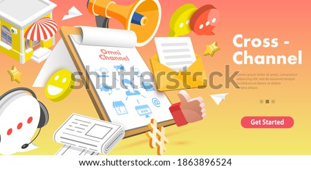 3D Isometric Flat Vector Concept of Cross-Channel, Omnichannel, Several Communication Channels Between Seller and Customer, Digital Marketing, Online Shopping.