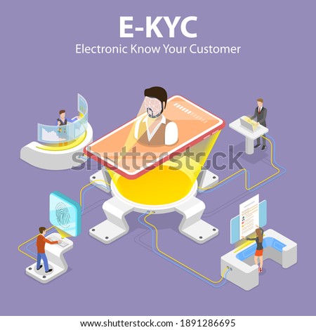3D Isometric Flat Vector Concept of eKYC - Electronic Know Your Customer, Anti-Money Laundering Guidelines, Process of Minimizing Financial Risks in Business Relationship. 商業照片 © 
