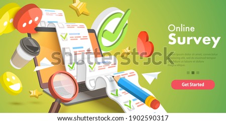 3D Isometric Flat Vector Conceptual Illustration of Online Survey, Customer Rating and Feedback, Quality Test, Client Satisfaction Research.