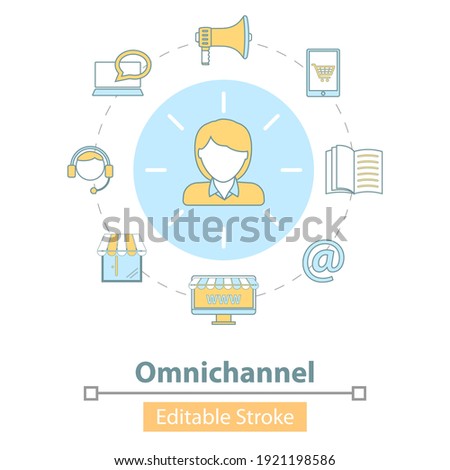 Vector Icon of Cross-Channel, Omnichannel, Several Communication Channels Between Seller and Customer, Digital Marketing, Online Shopping.