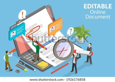 3D Isometric Flat Vector Conceptual Illustration of Editable Online Document, Text Editing Together.