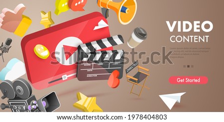 3D Vector Conceptual Illustration of Video Content Creating, Digital Video Advertising and Media Marketing