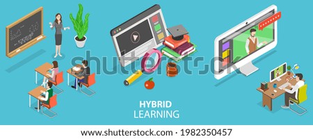 3D Isometric Flat Vector Conceptual Illustration of Hybrid or Blended Learning, Combining Online Education with Traditional Place-based Classroom Methods