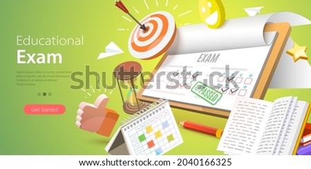 3D Vector Conceptual Illustration of Educational Exam, Paper Test Sheet with Assessment Result
