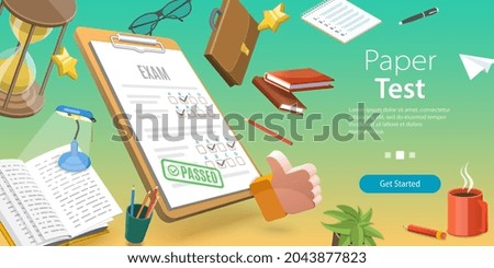 3D Vector Conceptual Illustration of Paper Test, Exam Sheet with Grade Results