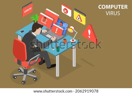 3D Isometric Flat Vector Conceptual Illustration of Computer Virus, Cybersecurity Threat and System Error Notification