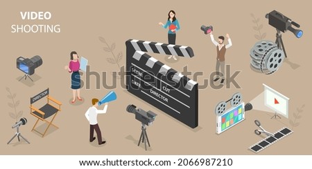 3D Isometric Flat Vector Conceptual Illustration of Video Shooting, Movie Making Process