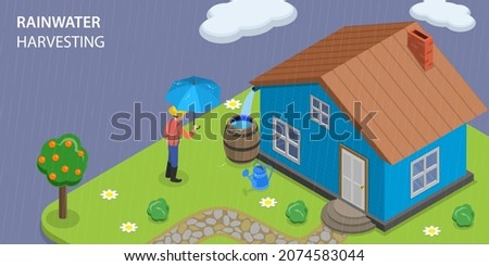 3D Isometric Flat Vector Conceptual Illustration of Rainwater Harvesting, Water Resource Accumulation for Home Needs