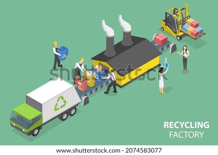 3D Isometric Flat Vector Conceptual Illustration of Recycling Factory, Reducing Pollution and Saving Planet with New Recycling Technologies