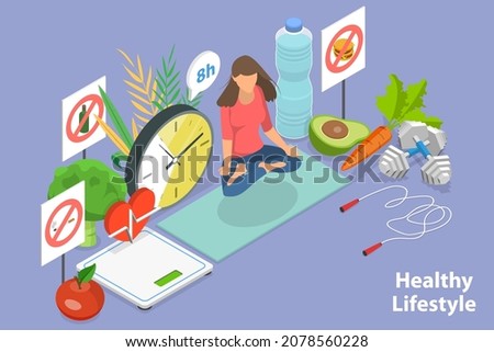 3D Isometric Flat Vector Conceptual Illustration of Healthy Lifestyle, Balanced Diet and Body Wellbeing Photo stock © 