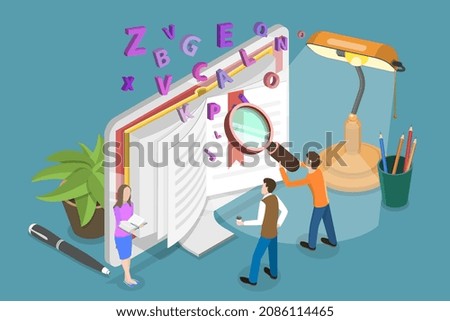 3D Isometric Flat Vector Conceptual Illustration of Online Vocabulary, Literature Reading