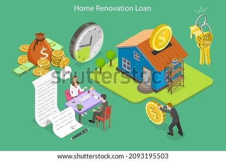 3D Isometric Flat Vector Conceptual Illustration of Home Renovation Loan, Home Repairs Budget