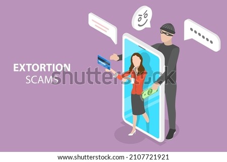 3D Isometric Flat Vector Conceptual Illustration of Extortion Scams, Cheating on the Phone, Getting Access to Personal Bank Data 商業照片 © 
