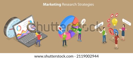 3D Isometric Flat Vector Conceptual Illustration of Marketing Research Strategies, Customer Relationship Management