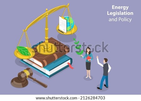 3D Isometric Flat Vector Conceptual Illustration of Energy Legislation And Policy, Environmental Protection and Climate Justice