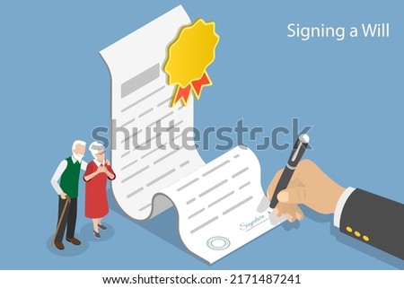 3D Isometric Flat Vector Conceptual Illustration of Signing a Will, Testament Drafting, Notary Service