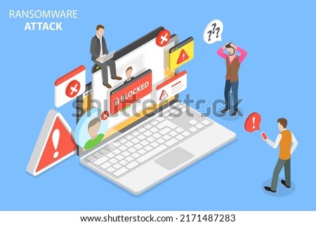 3D Isometric Flat Vector Conceptual Illustration of Ransomware Attack, System Hacked, Warning Alert Message